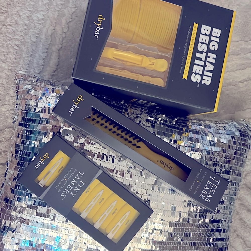 DryBar Self Grip Rollers, Texas Tease Brush, Tiny Tamers Creaseless Hair Clips